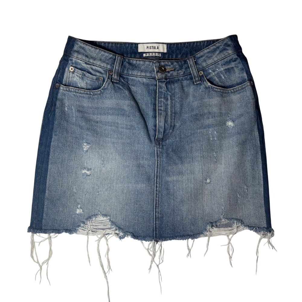 Pistola sz 28 denim sierra side stripe distressed mini skirt two tone raw hem